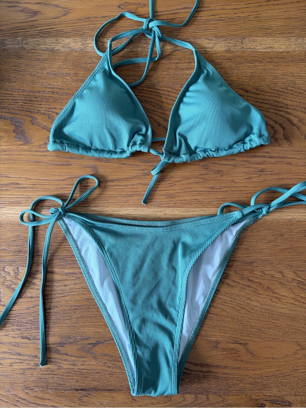 SHEIN Teal Ribbed Tie-Side Triangle Bikini Set